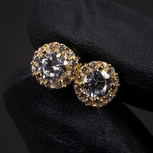 Small Men's Round Gold Plated 925 Sterling Silver Circle Pointer Stud Earrings